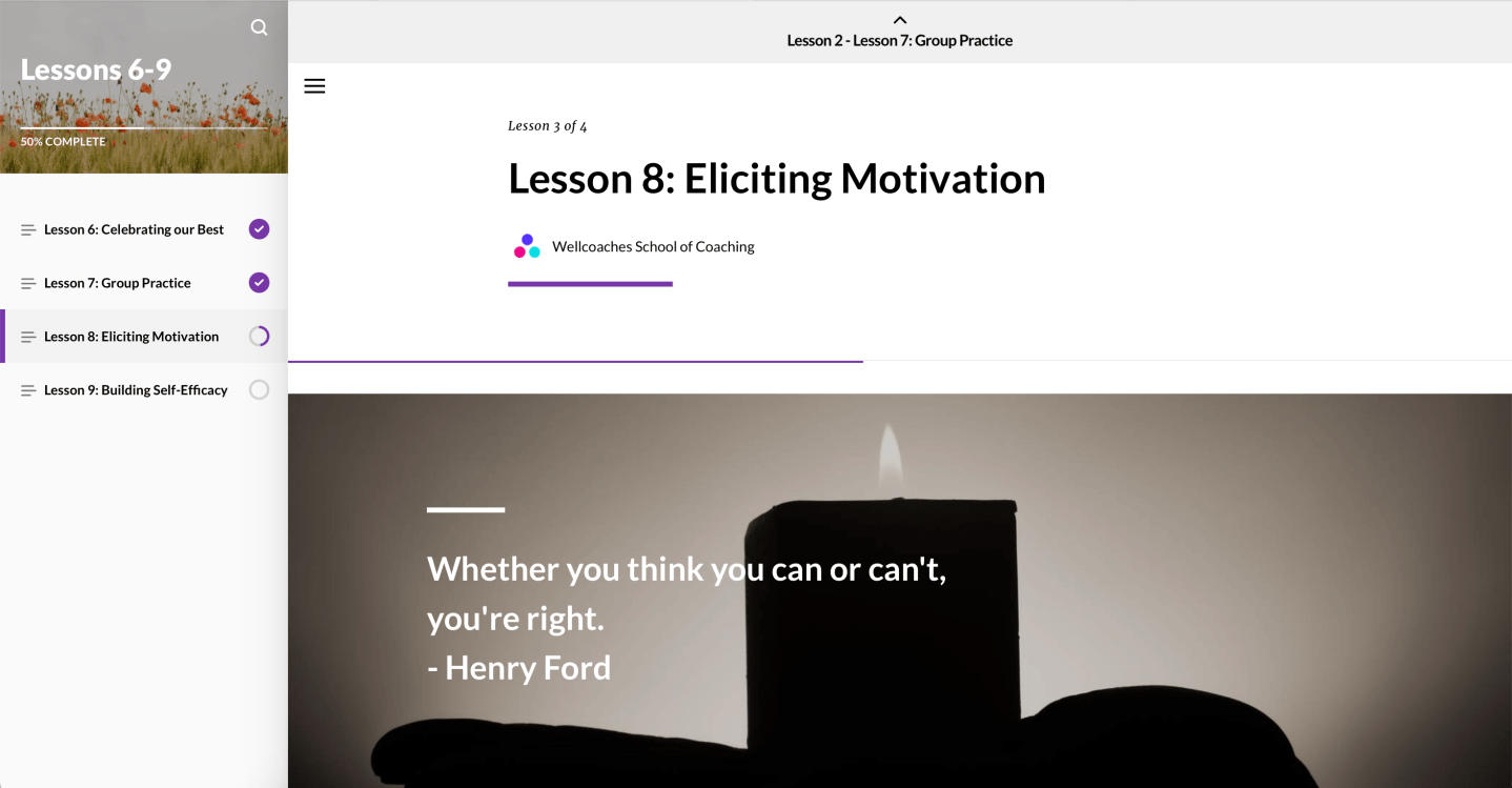 Screenshot of a lesson from Wellcoaches's health coach certification program.